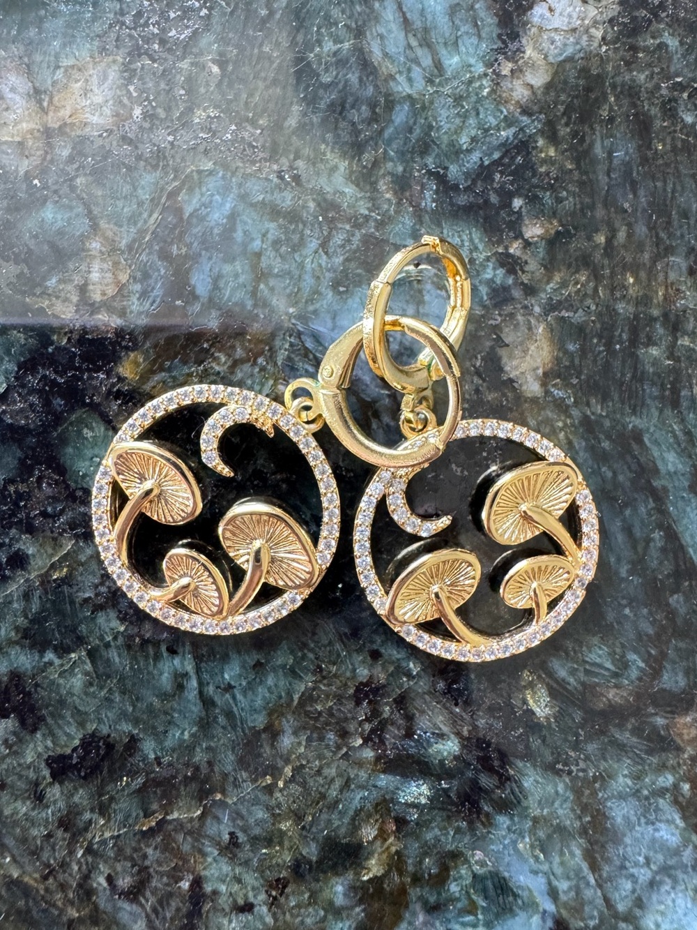 18K Gold Filled CZ Stone Cottagecore Style Earrings - Mushrooms & Crescent Moon